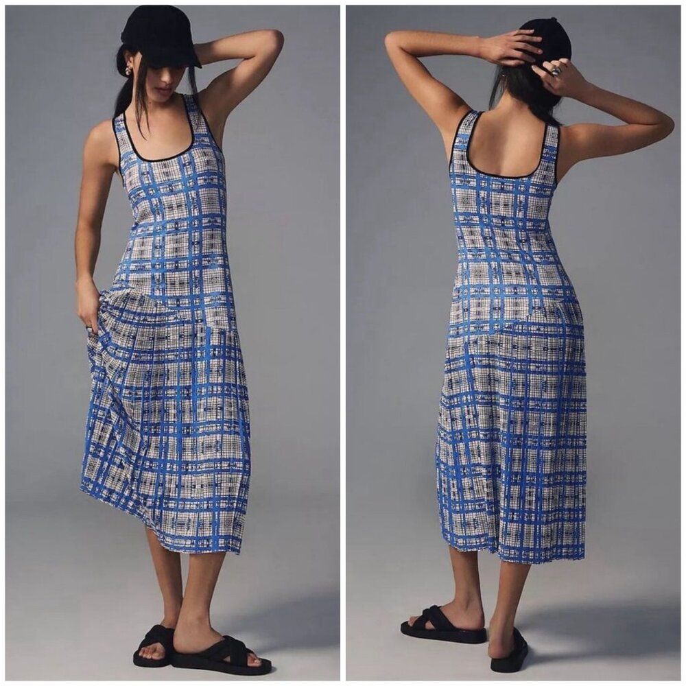 Anthropologie Dhruv Kapoor Plaid Mesh Midi Dress in Blue Size S